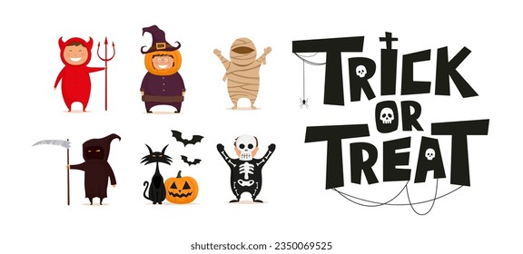 Happy Halloween with kids in costumes. Trick or Treat text. Set of vector illustrations on the theme of Halloween.
