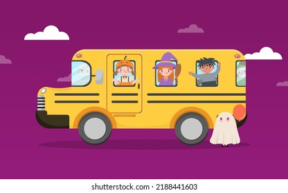 Happy halloween with kids dress up halloween costume riding school bus.