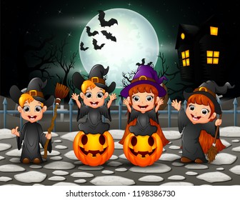 Happy halloween kids in full moon background