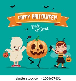 Happy halloween with happy kids in ghost, bee costume vector illustration