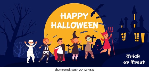 Happy halloween kids. Kid in costume at night, trick or treat party. Children group banner, cute creepy funny friends decent vector poster