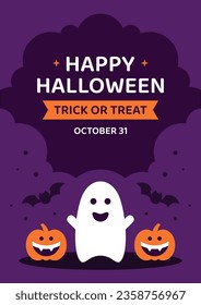 Happy Halloween kids party flyer design template holiday celebration poster vector flat illustration. Creepy festive event announcement placard with cute ghost bat pumpkin violet modern greeting card