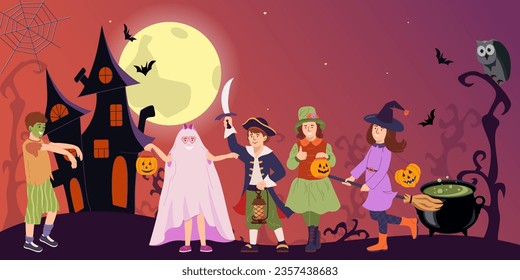 Afiche de la fiesta de los niños de Halloween feliz. Muchachos y muchachas divertidos vestidos de monstruo en el festival de octubre. Niños vestidos con trajes de horror para ir a Trick o Treating. Ilustración vectorial plana aislada