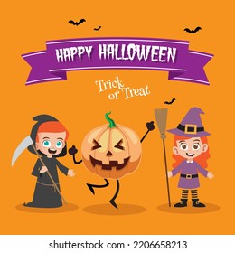 Happy halloween with happy kids in reaper, witch costume vector illustration