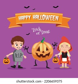 Feliz halloween con niños felices en RIP, ilustración vectorial de trajes de capucha roja