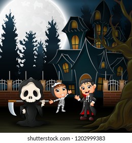 Happy halloween kids with scary house and full moon in the night