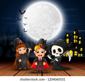 Happy halloween kids with scary house and full moon in the night