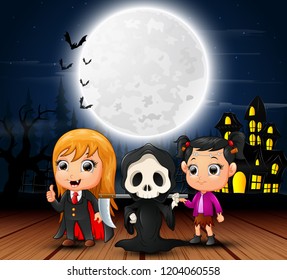 Happy halloween kids with scary house and full moon in the night