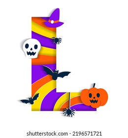 Happy Halloween L Alphabet Party Font Typography Character Cartoon Spooky Horror with colorful 3D Layer Paper Cutout Type design celebration vector Illustration Skull Pumpkin Bat Witch Hat Spider Web