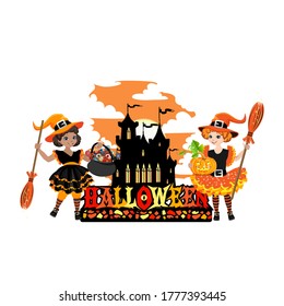 Happy Halloween label and happy kids dressed in Halloween costumes. Fun, pumpkins and sweets. Vector template for poster, banner or invitation card.