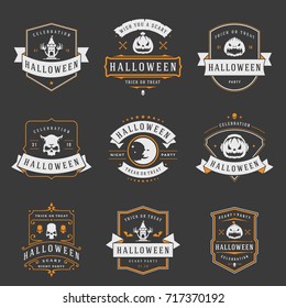 Happy Halloween labels an badges design set. Retro typography halloween for greeting cards and photo overlays. Vector illustration.  