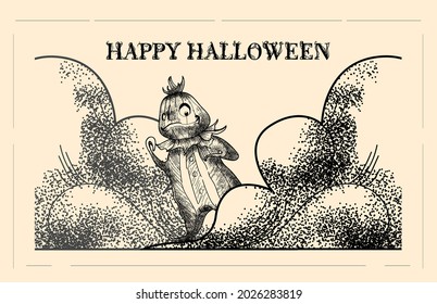 Happy Halloween. Laconic modern poster. An image of a pumpkin brought to life for Halloween. Halloween poster in pencil