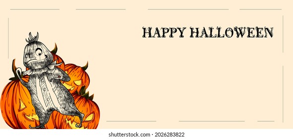 Happy Halloween. Laconic modern poster. An image of a pumpkin brought to life for Halloween. Halloween poster in pencil