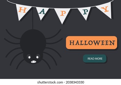 Happy Halloween. Landing page template. Web design.Cute cartoon spider character. Flat design. Vector.