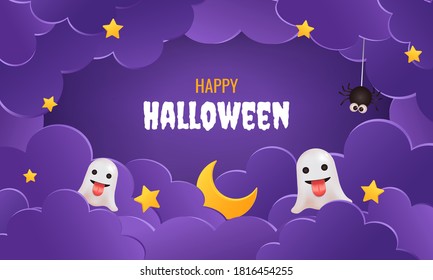 Happy Halloween landing page website banner. Promotional holiday ad. 3D render vector. Cute ghost.