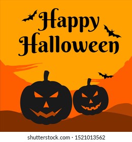 happy halloween landscape background with pumpkin, moon, and bat vector for poster and banner