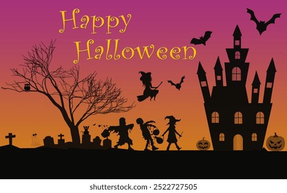 Happy Halloween Landschaft mit Geist und Grabsteinen, Vektorhintergrund. Halloween Feiertagstrick oder Party Banner mit gespenstischen Schloss und Friedhof mit Gräbern und Geist zu behandeln.