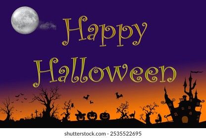 Happy Halloween Landschaft mit Geist und Grabsteinen, Vektorhintergrund. Halloween Feiertagstrick oder behandeln Party Banner mit Mitternachtsmond und Friedhof mit Gräbern und Hexe.