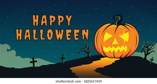 Happy Halloween landscape with graveryard mountain background