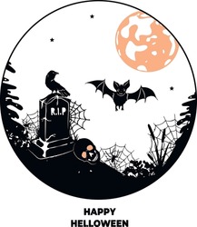Happy Halloween. Landscape With A Gravestone Skull, Bats, Crow, Spiders, Cobwebs In A Round Frame. Vector. Silhouette. Eps