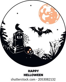 happy Halloween. landscape with a gravestone skull, bats, crow, spiders, cobwebs in a round frame. vector. silhouette. eps