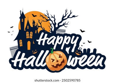 Happy halloween landscape with jack pumpkin and haunted house vector illustration