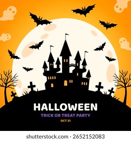 Happy Halloween landscape poster banner, black scary castle silhouette on orange background, full moon, cemetery and ghosts. Vector illustration. Witch haunted house graveyard, flying bats