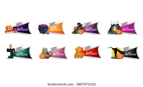 Happy Halloween, large set of greeting Halloween cards with Halloween elements for your arts isolated on white background. Halloween cards in paper cut style