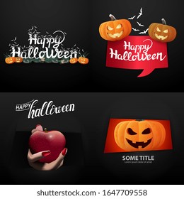 Feliz Halloween, grandes postales de Halloween y carteles con calabazas Jack en fondo negro