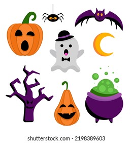 Happy Halloween. Large Vector flat set of elements for Halloween. A collection of pumpkin, ghost, potion, broom and grave.EPS