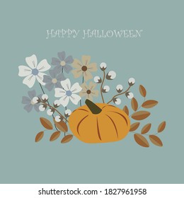 Happy halloween lattering mit Blumen wild und pupkin und blauer Hintergrund.gut für Grußkarte,Einladungskarte.