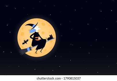 Happy halloween. Laughing witch flies on a broomstick against the background of the moon and the night sky. Halloween party invitations or greeting cards template. Place for text. Vector illustration