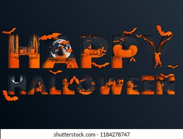 Happy halloween layout design.Vector illustration with typography with abstract paper cut layers.