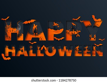 Happy halloween layout design.Vector illustration with typography with abstract paper cut layers.