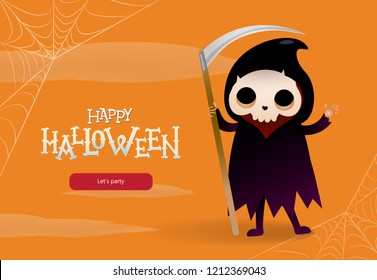 Happy Halloween, lets party lettering with grim reaper. Invitation design. Typed text, calligraphy. For leaflets, brochures, invitations, posters or banners.