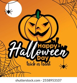 Happy Halloween letter landscape with pumpkins and tombstones background. Vector illustration