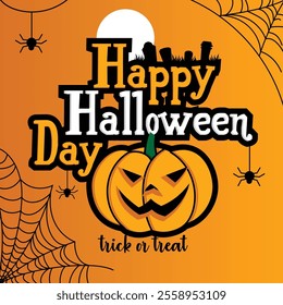 Happy Halloween letter with pumpkins and tombstones background. Vector illustration