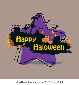 Happy Halloween lettering with autumn leaves, pumpkins. Gravestones and flying bats on background. Typed text, calligraphy. Holiday, celebration, party concept. Vector illustration for banner design