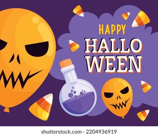 happy halloween lettering with balloons helium