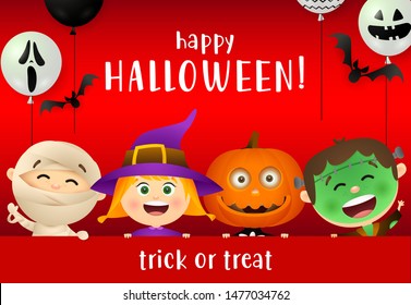 Happy Halloween lettering, balloons and kids in monsters masks. Invitation or advertising design. Typed text, calligraphy. For leaflets, brochures, invitations, posters or banners.