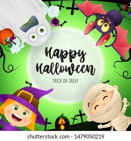 Happy Halloween lettering, bat, ghost, kids in monsters costumes. Invitation or advertising design. Handwritten text, calligraphy. For leaflets, brochures, invitations, posters or banners.
