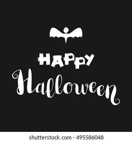 Happy Halloween Lettering with bat. Halloween holiday concept for print, fabric, greeting, t-shirt. Halloween card. Halloween poster. Design halloween elements. Vector banner with happy halloween text
