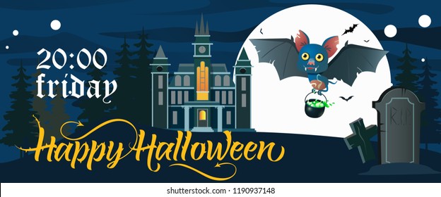 Happy Halloween lettering and bat with potion, moon and castle. Invitation or advertising design. Handwritten text, calligraphy. For leaflets, brochures, invitations, posters or banners.