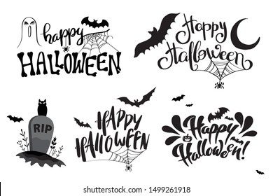 Happy Halloween lettering with bats ghosts and spider web set. Vector illustration for Halloween party poster and greeting card element.