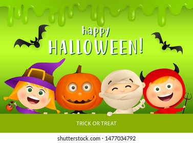Happy Halloween lettering with bats and kids in monsters masks. Invitation or advertising design. Typed text, calligraphy. For leaflets, brochures, invitations, posters or banners.