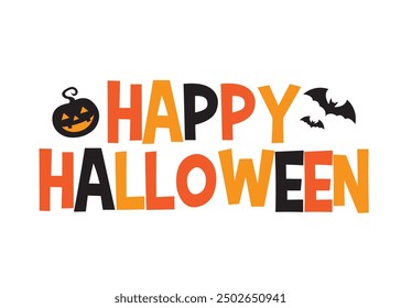 Happy Halloween lettering with bats and pumpkin vector design 