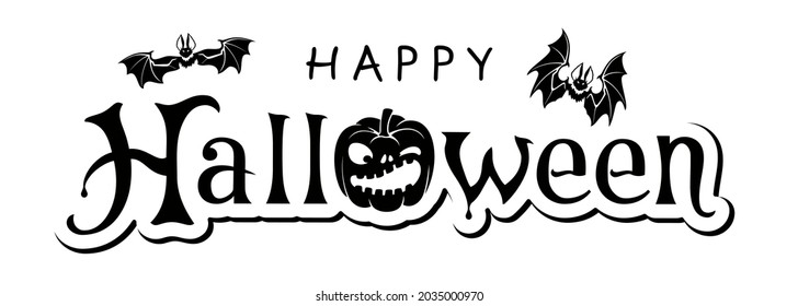 Happy Halloween lettering with bats, vector brush calligraphy. Handwritten Halloween typography print for flyer, poster, greeting card, banner. Hand drawn decorative design element.