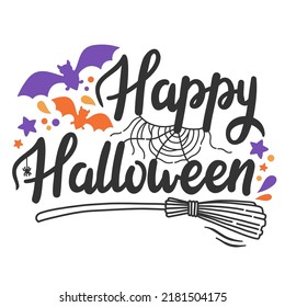 Happy Halloween lettering bats witch broom vector