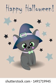 Happy Halloween lettering and black cat in a magic hat. . Spooky website, background or banner Halloween template. Vector illustration EPS10.