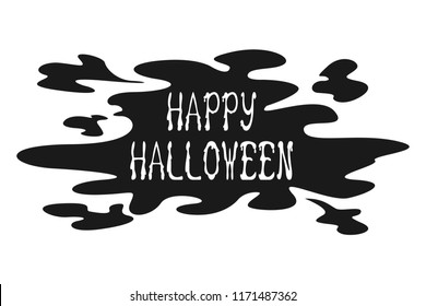 HAPPY HALLOWEEN lettering with black spots and blots on white background. Vector.